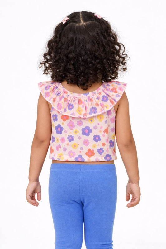 CHILINS Girls Cotton Printed Ruffle Neck Top – Cute Summer Casual Wear