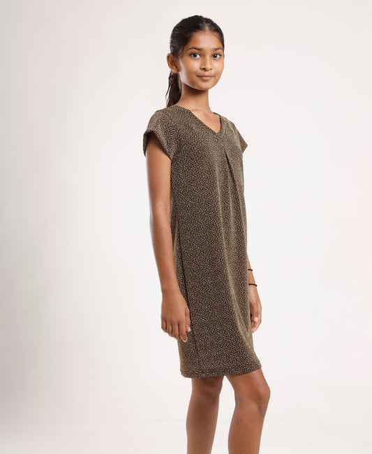 Girls’ Brown Printed V-Neck Casual Dress – Soft & Comfortable Short Sleeve A-Line Dress for Everyday Wear