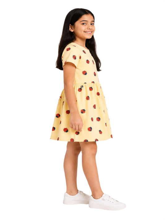 CHILINS Girls Yellow Printed Cotton Frock Dress