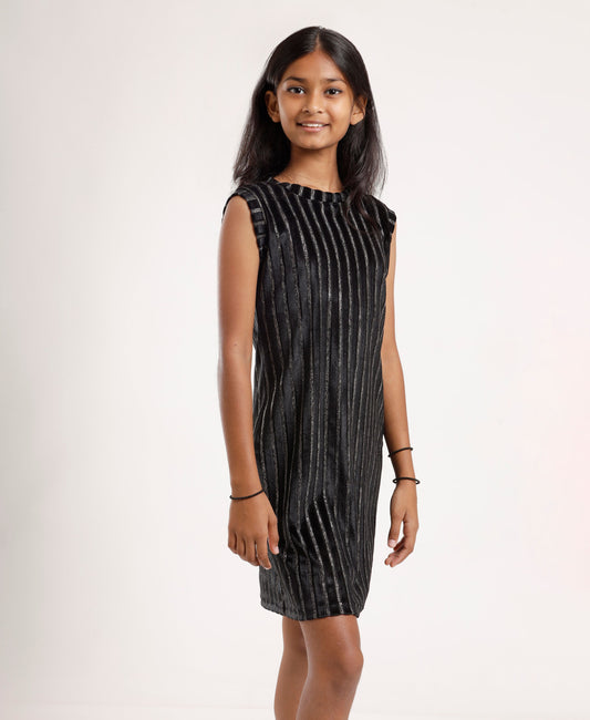 Girls Black Metallic Sleeveless Dress | Elegant Knee-Length Party Wear