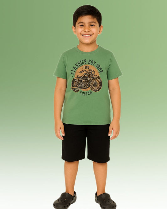 Round Neck Printed Cotton Tshirt, Color- Olive