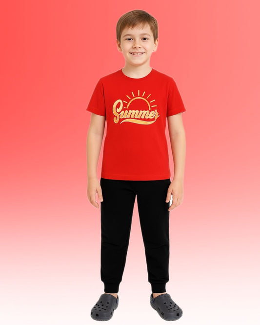 Round Neck Printed Cotton Tshirt, Color- Red