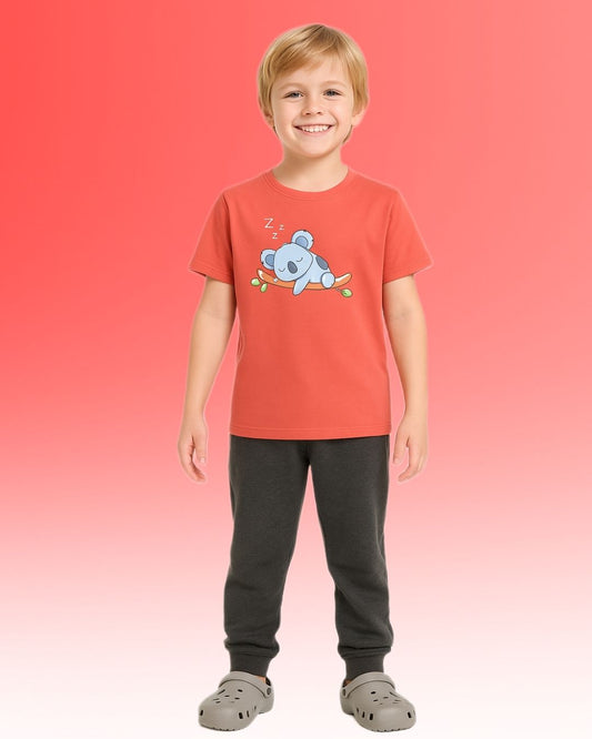 Round Neck Printed Cotton Tshirt, Color- Peach