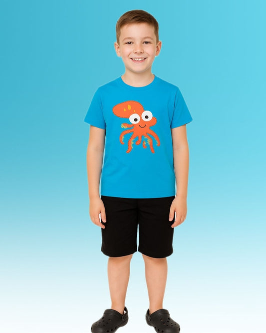 Round Neck Printed Cotton Tshirt, Color- Aqua Blue