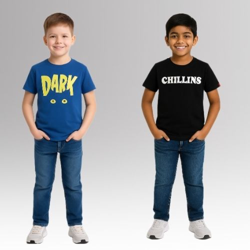 Round Neck Printed Super Combed Cotton T-shirt, (Pack of 2)