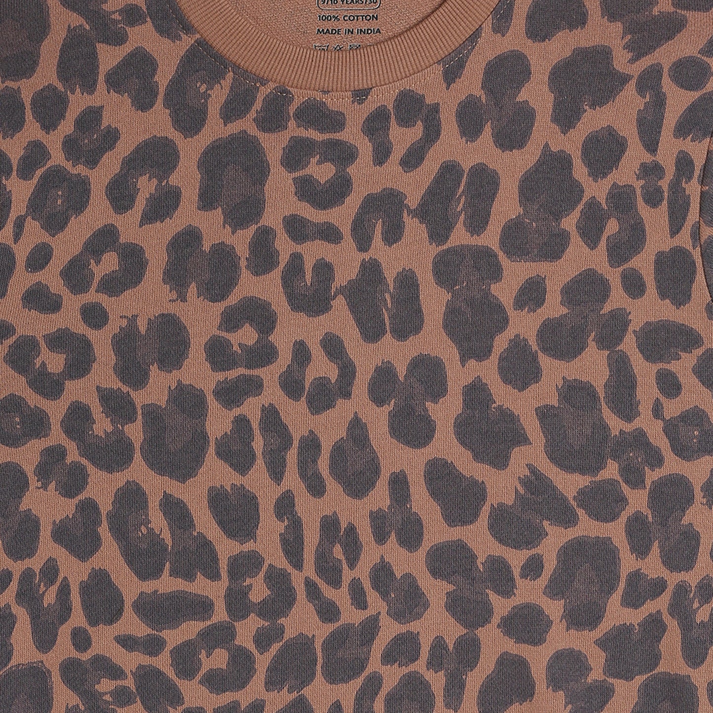 Girls Fleece Printed Round Neck Sweatshirt | Black Brown Animal Print