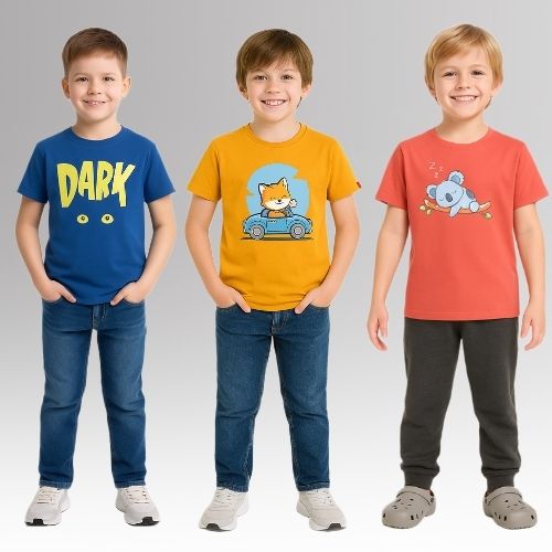 Round Neck Printed Super Combed Cotton T-shirt, (Pack of 3)