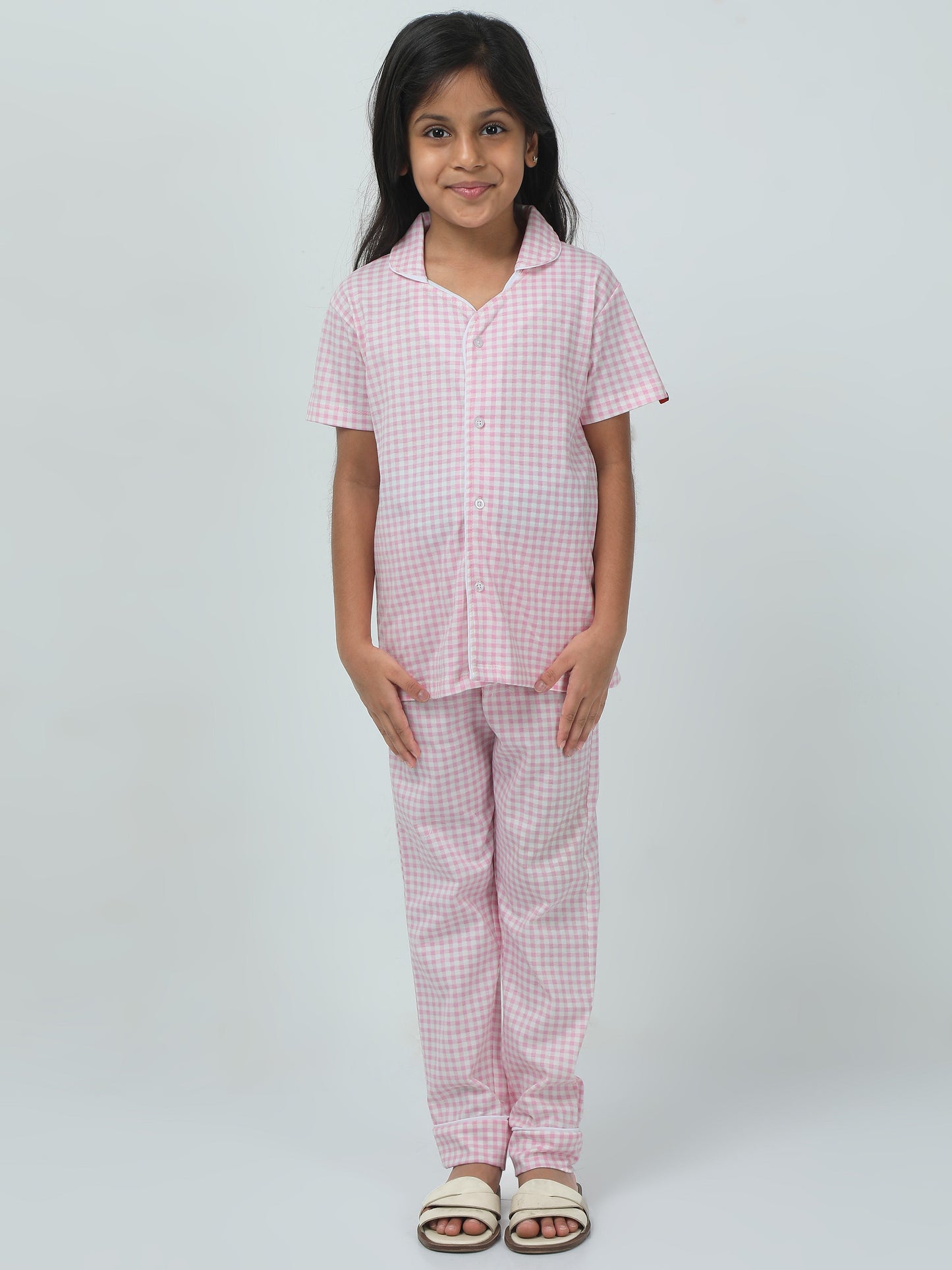 Baby Pink Cotton Printed Girls Night Suit