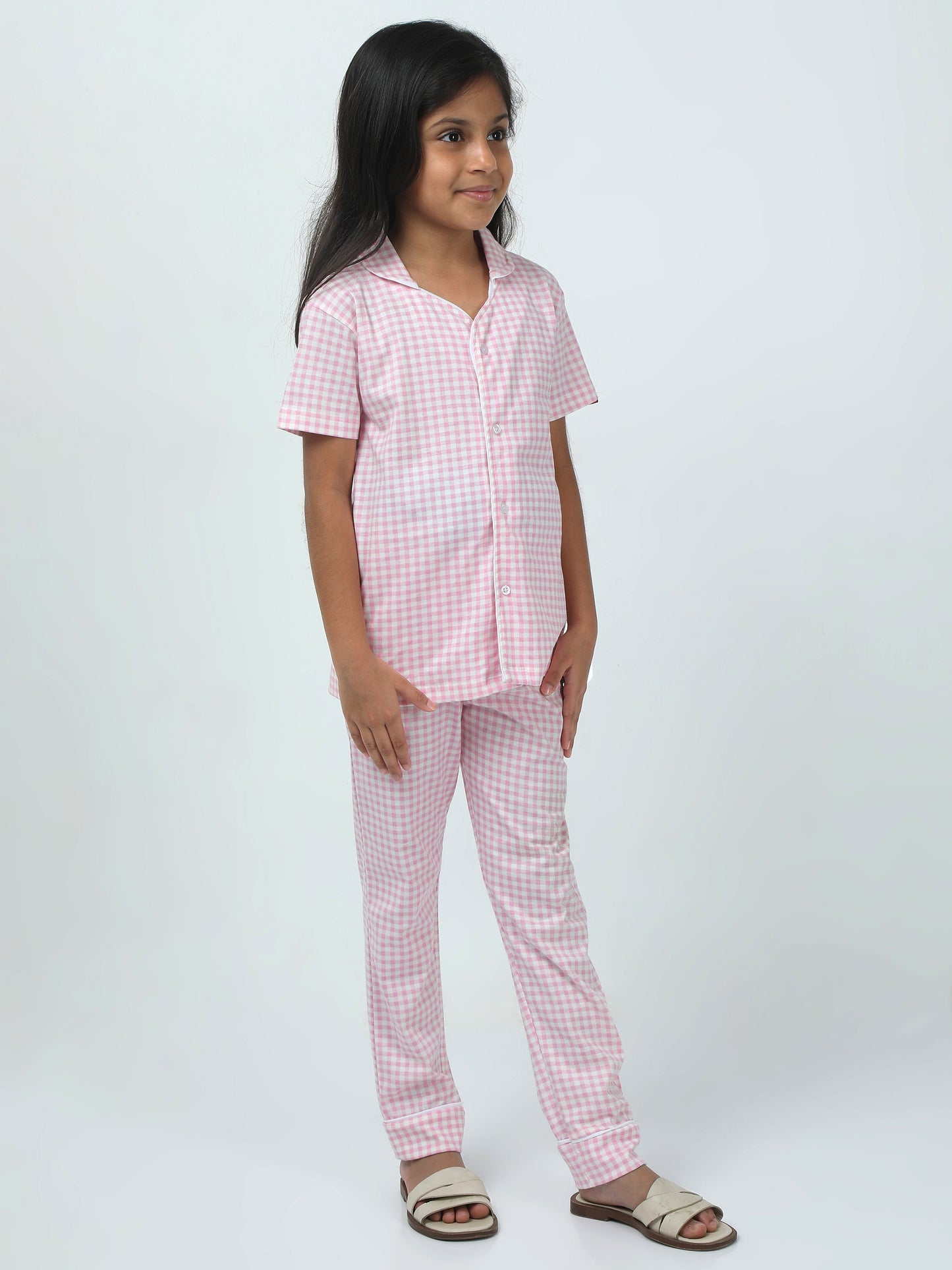 Baby Pink Cotton Printed Girls Night Suit