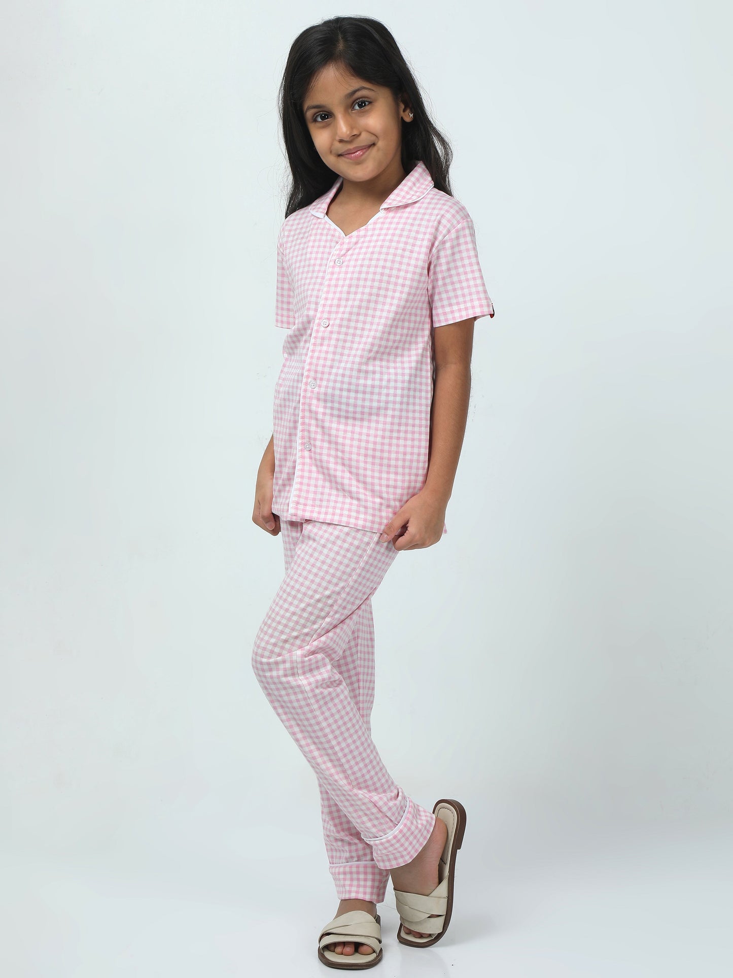 Baby Pink Cotton Printed Girls Night Suit
