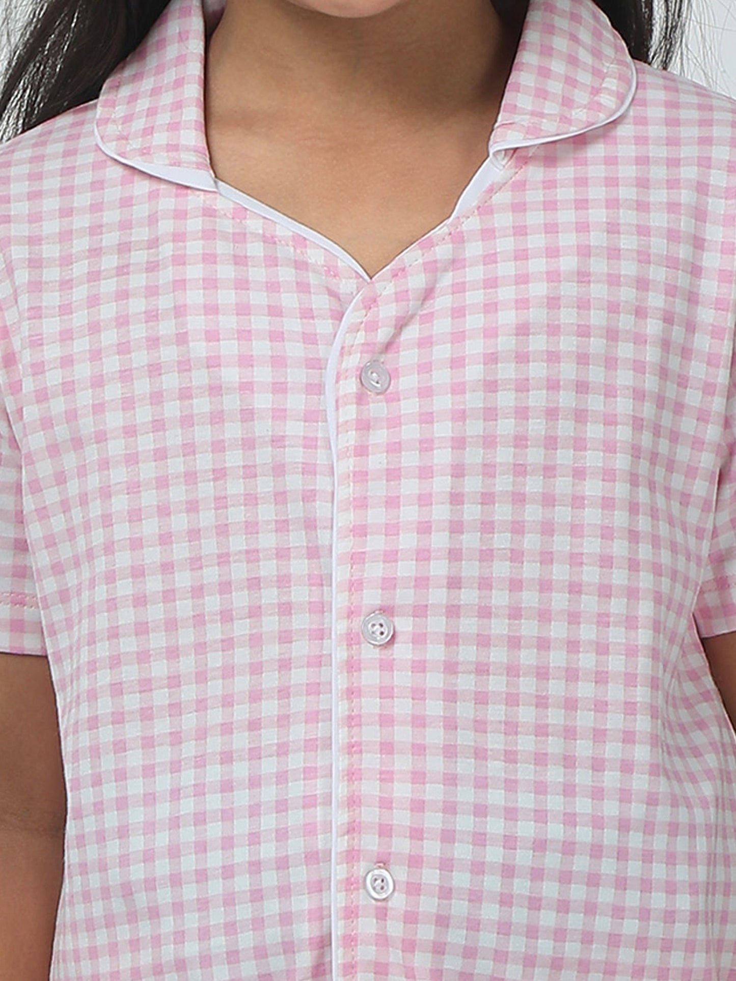 Baby Pink Cotton Printed Girls Night Suit