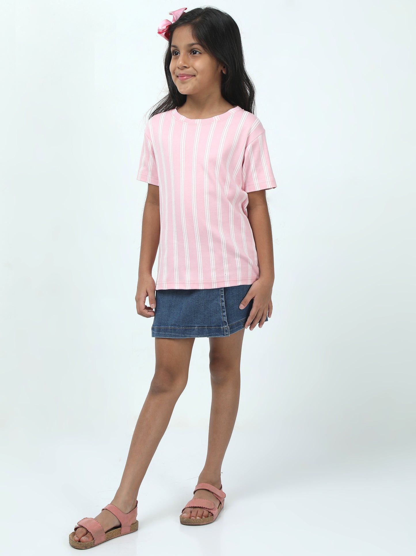 Kids Girls Regular Fit T-Shirt- Pink Strip