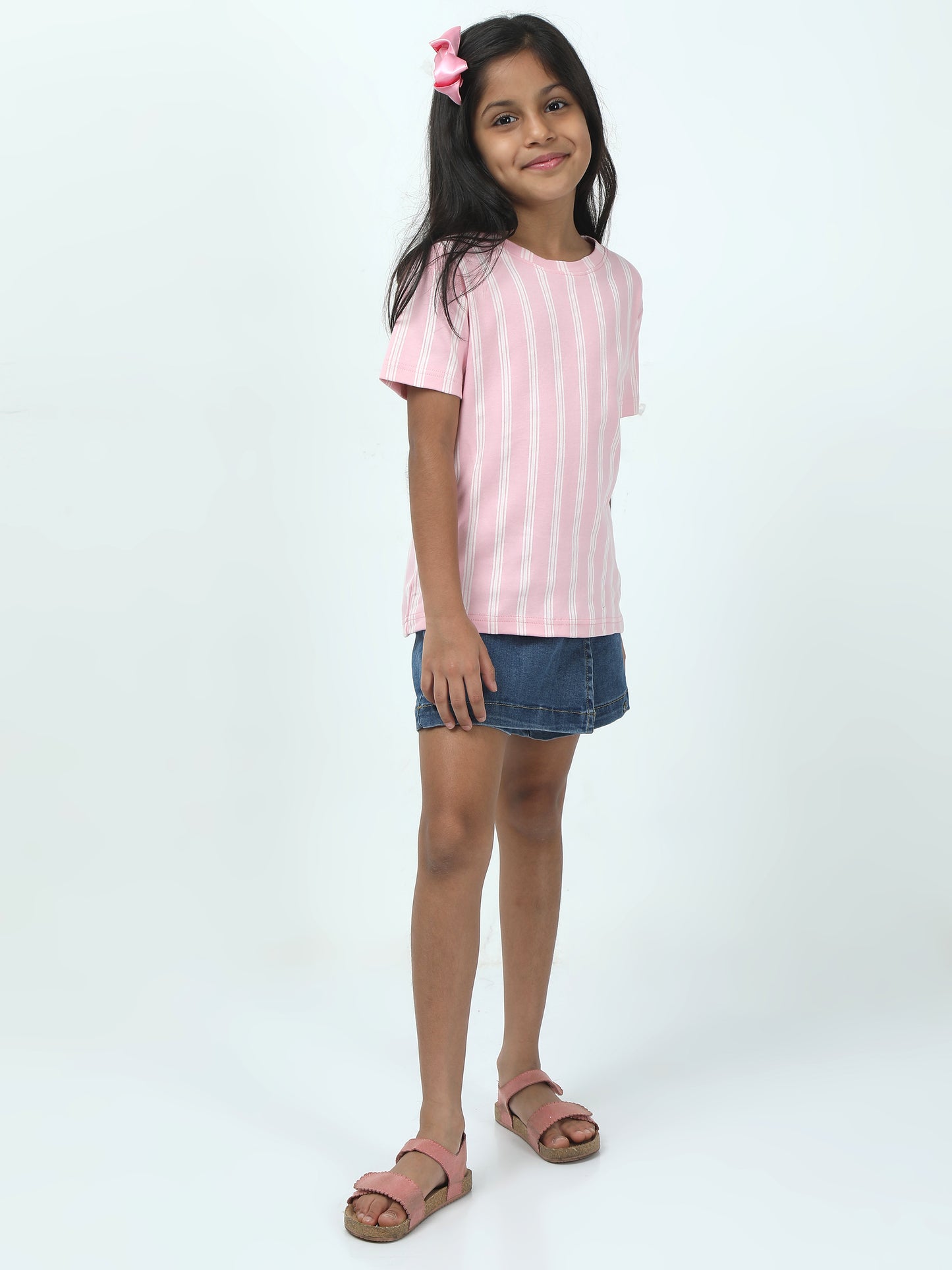 Kids Girls Regular Fit T-Shirt- Pink Strip