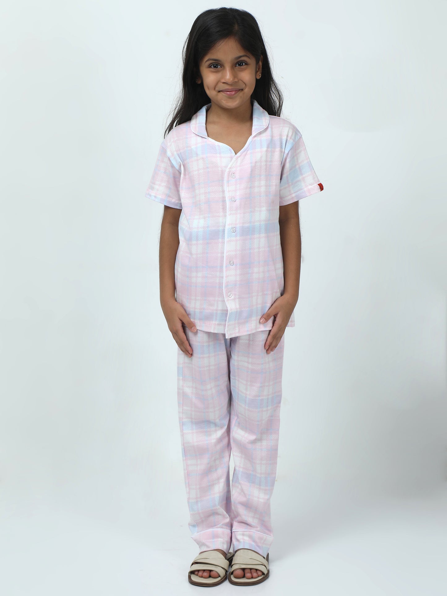 Baby Pink Cotton Printed Girls Night Suit