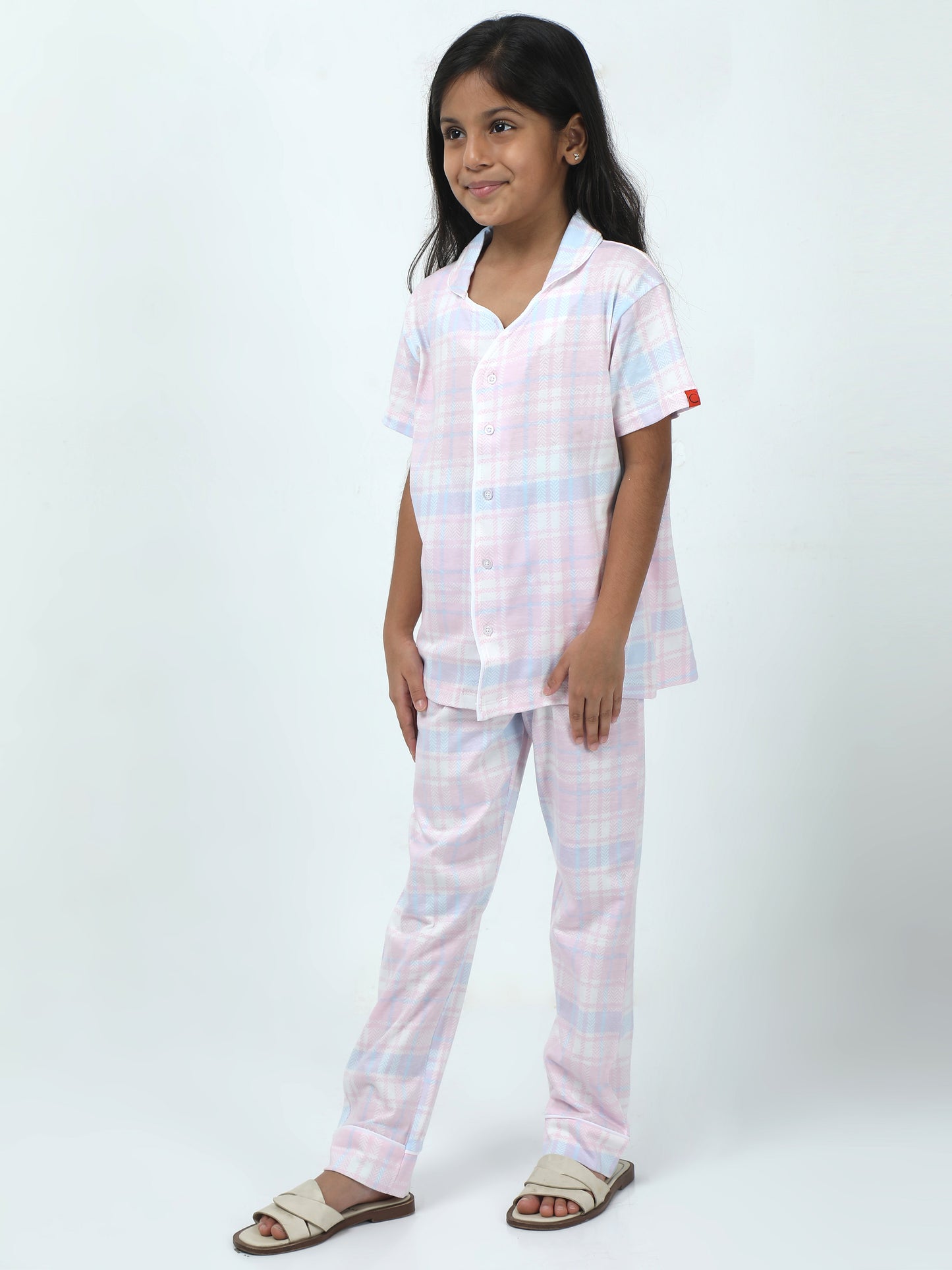 Baby Pink Cotton Printed Girls Night Suit