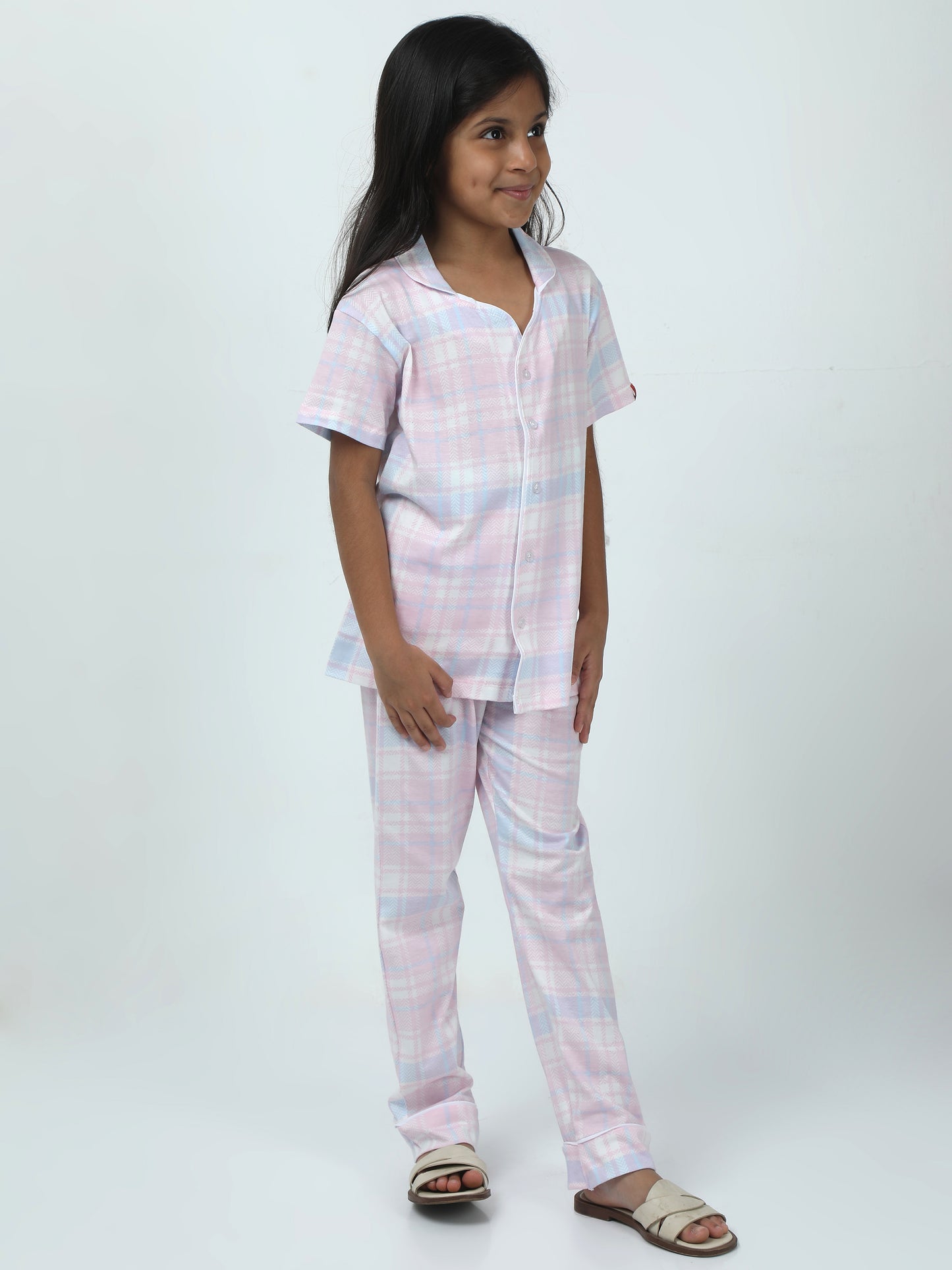 Baby Pink Cotton Printed Girls Night Suit