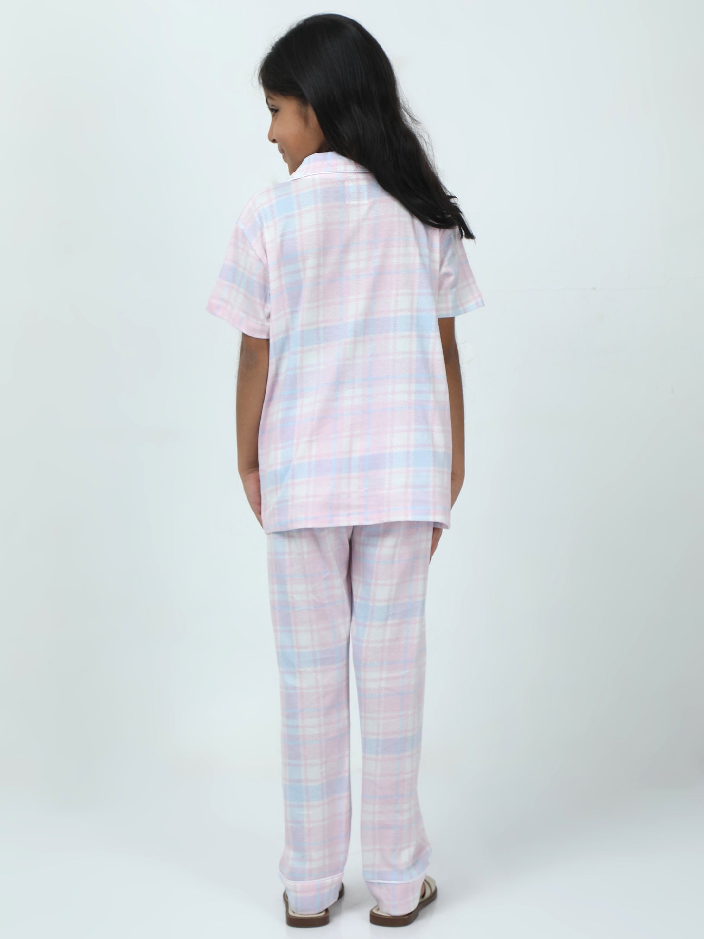Baby Pink Cotton Printed Girls Night Suit