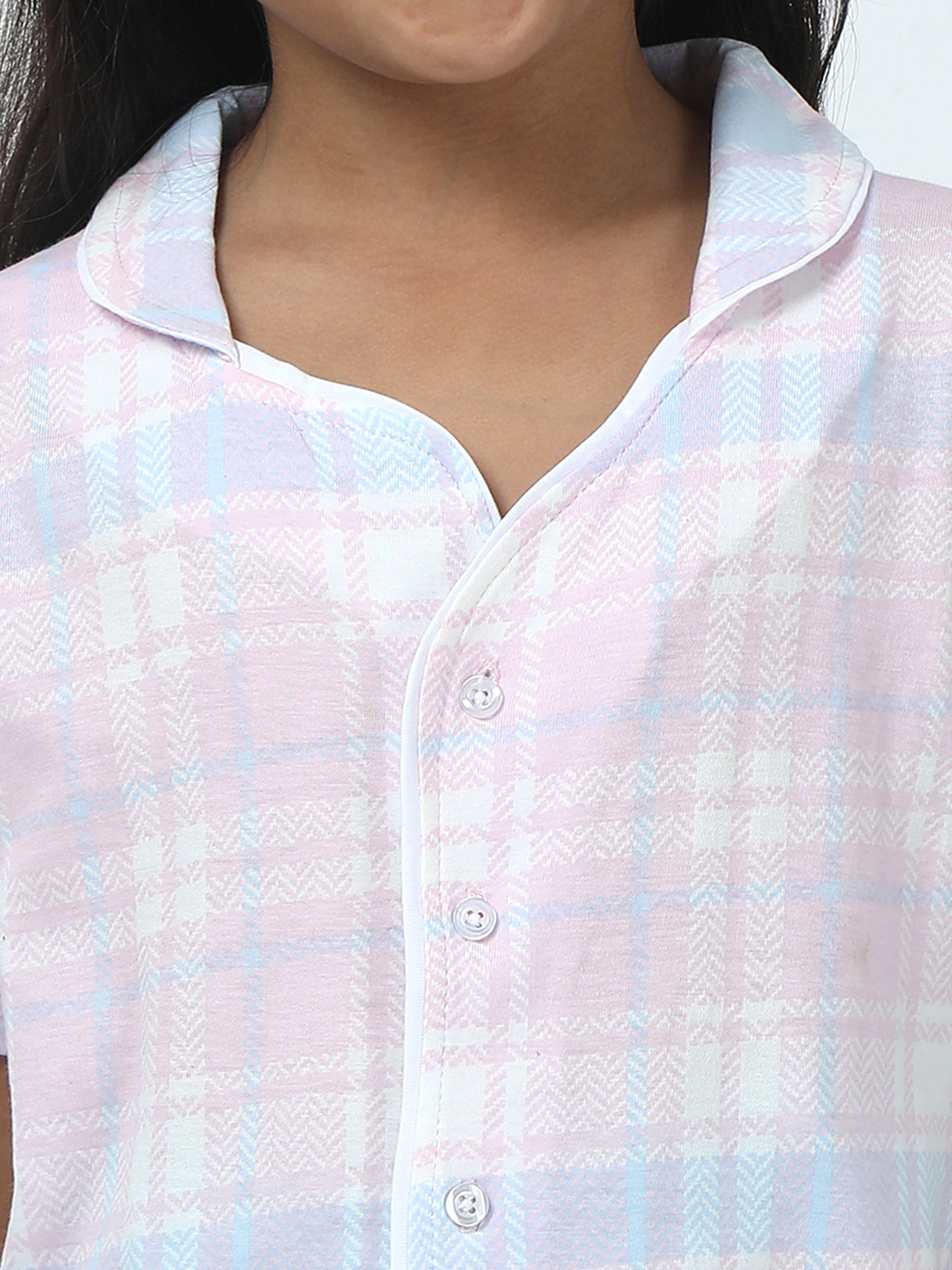 Baby Pink Cotton Printed Girls Night Suit