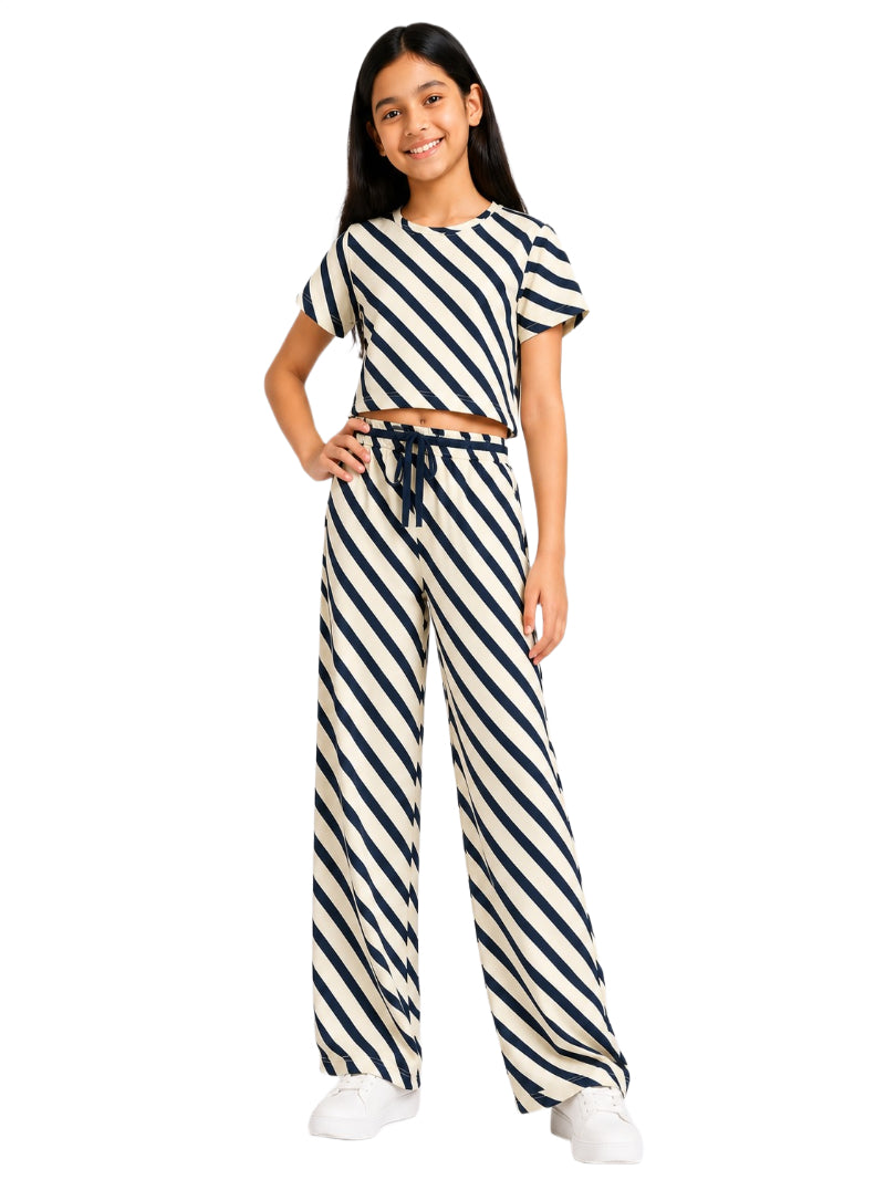 CHILINS Girls Black & cream Striped Lycra Spun Palazzo Co-Ord Set