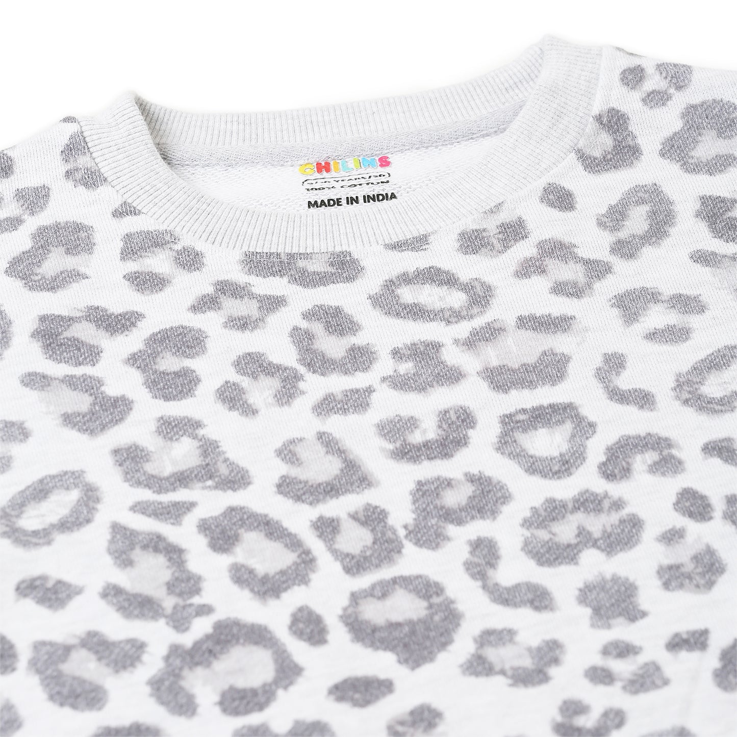 Girls Fleece Printed Round Neck Sweatshirt | Grey Animal Print