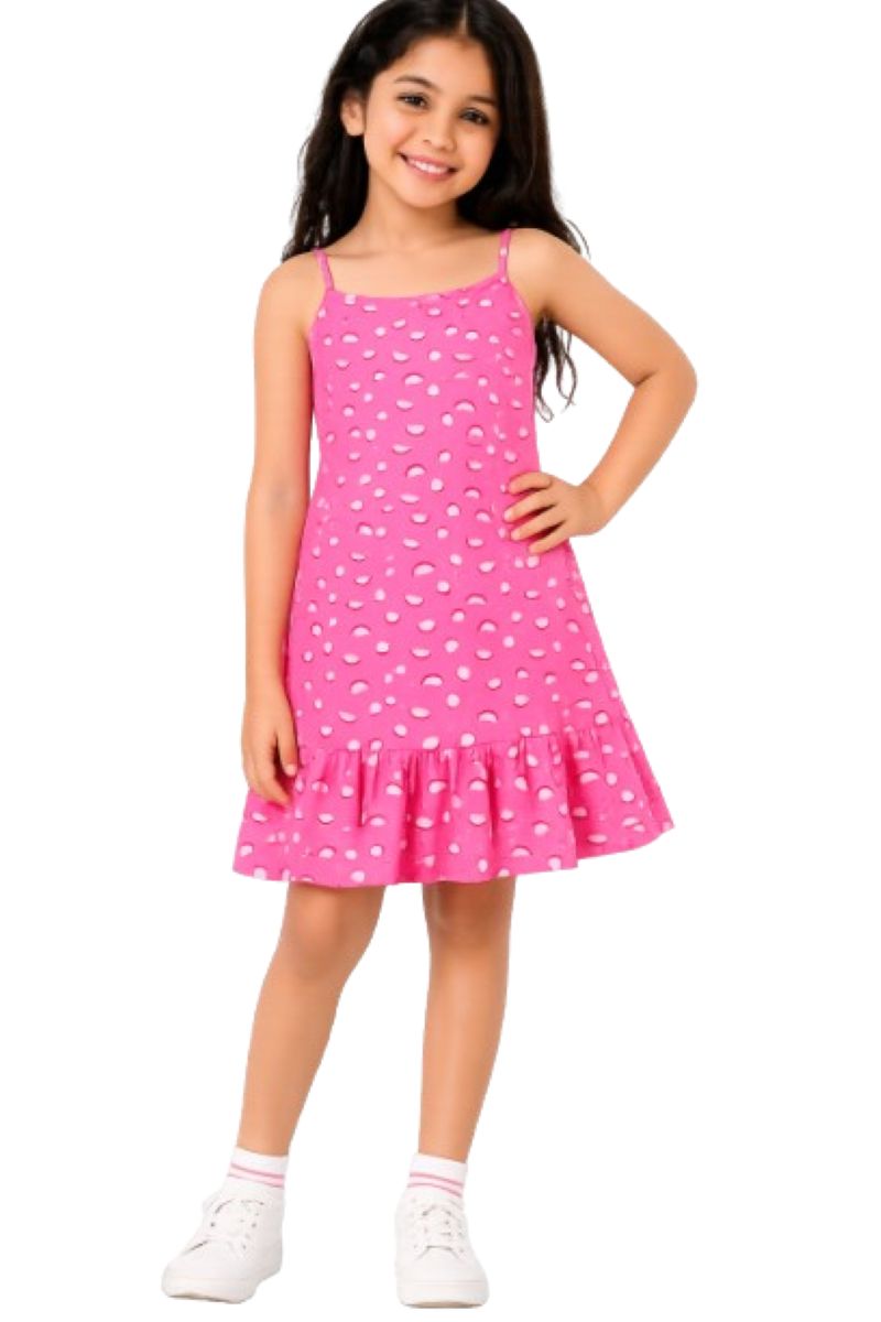 CHILINS Girls Pink Printed Dress | Sleeveless Strappy Casual Dress with Ruffle Hem