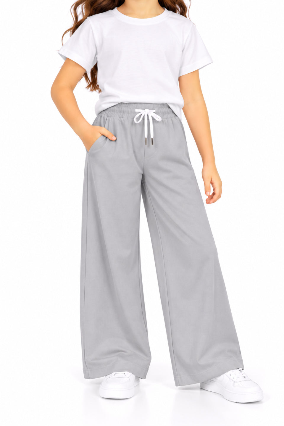 CHILINS Girls Grey Wide Leg Palazzo Pants | Elasticated Waist Casual Trousers