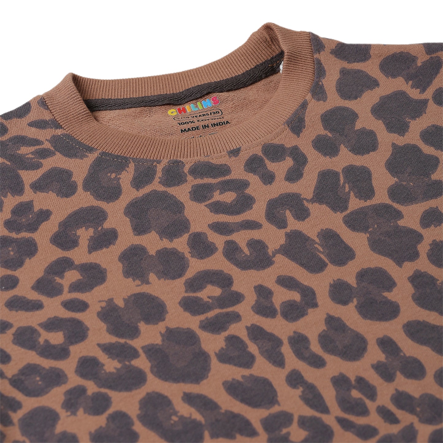Girls Fleece Printed Round Neck Sweatshirt | Black Brown Animal Print