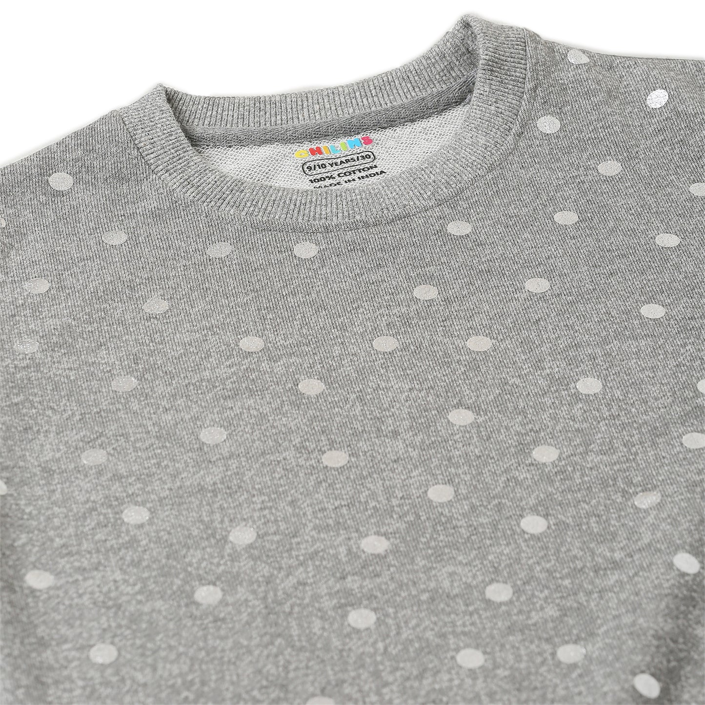 Girls Fleece Printed Round Neck Sweatshirt | Grey Dot Print