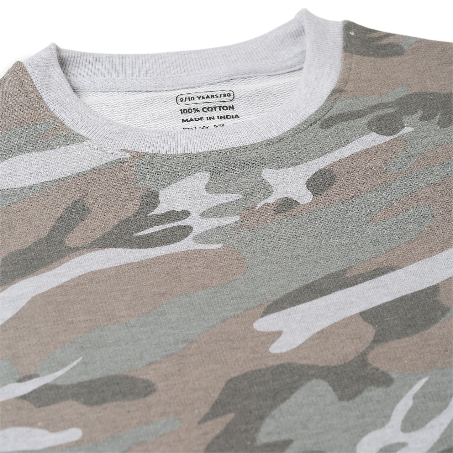 Boys Fleece Printed Round Neck Sweatshirt | Grey Camouflage