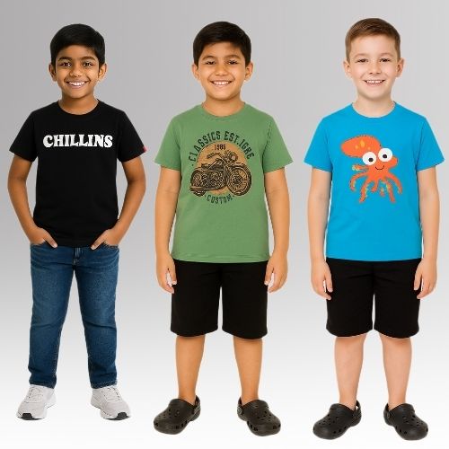 Round Neck Printed Super Combed Cotton T-shirt, (Pack of 3)