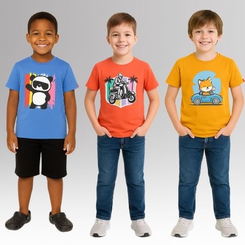 Round Neck Printed Super Combed Cotton T-shirt, (Pack of 3)