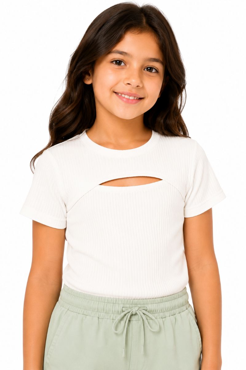 CHILINS Girls White Short Sleeve Cut-Out Ribbed Crop Top
