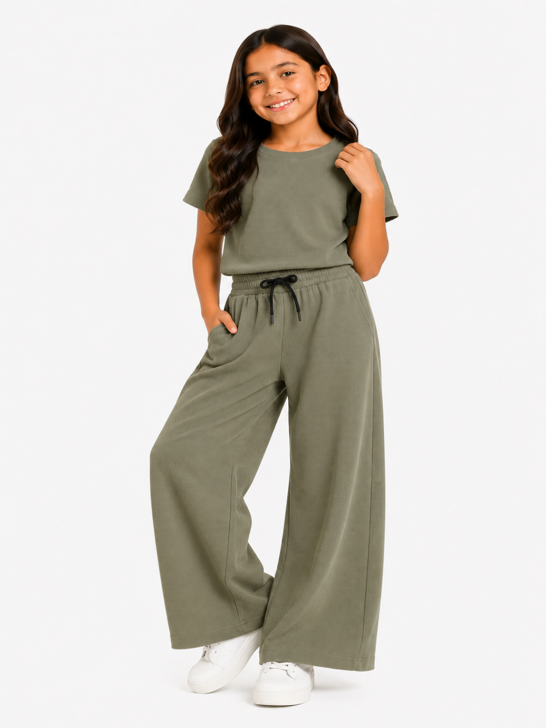CHILINS Girls Olive Green Textured Top & Wide-Leg Pants Set