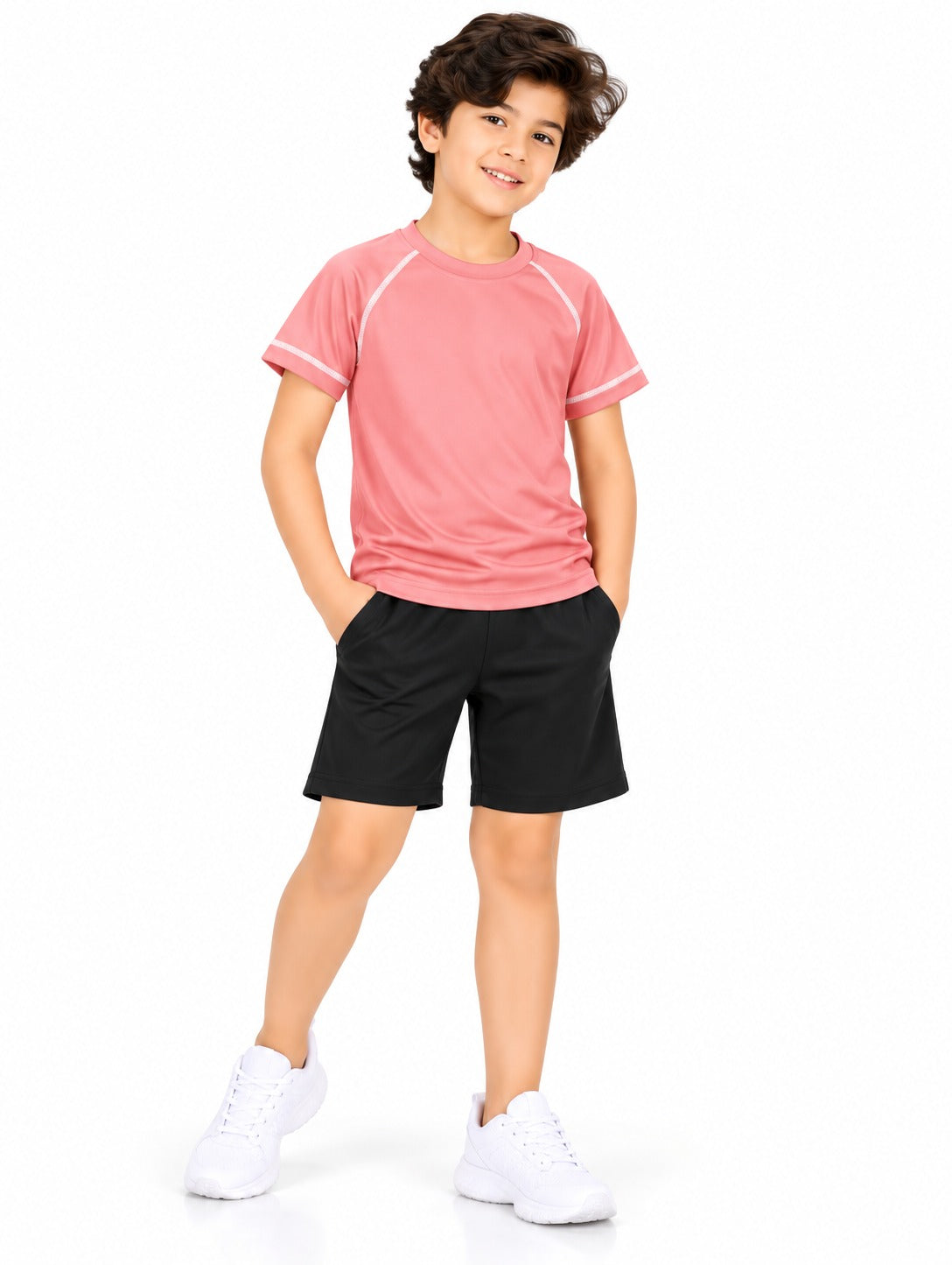 CHILINS Kids Coral Pink Sports T-Shirt | Boys & Girls | Raglan Sleeves | Contrast Stitching