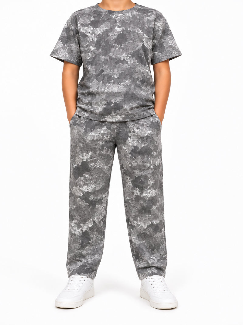 CHILINS Kids Grey Printed T-Shirt & Straight Fit Pants Co-Ord Set – Boys & Girls Casual Wear