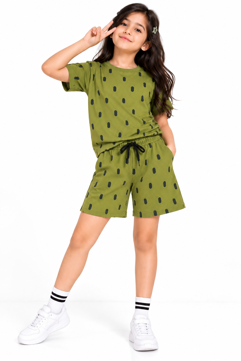 CHILINS Girls Olive Green Printed T-Shirt & Shorts Co-Ord Set