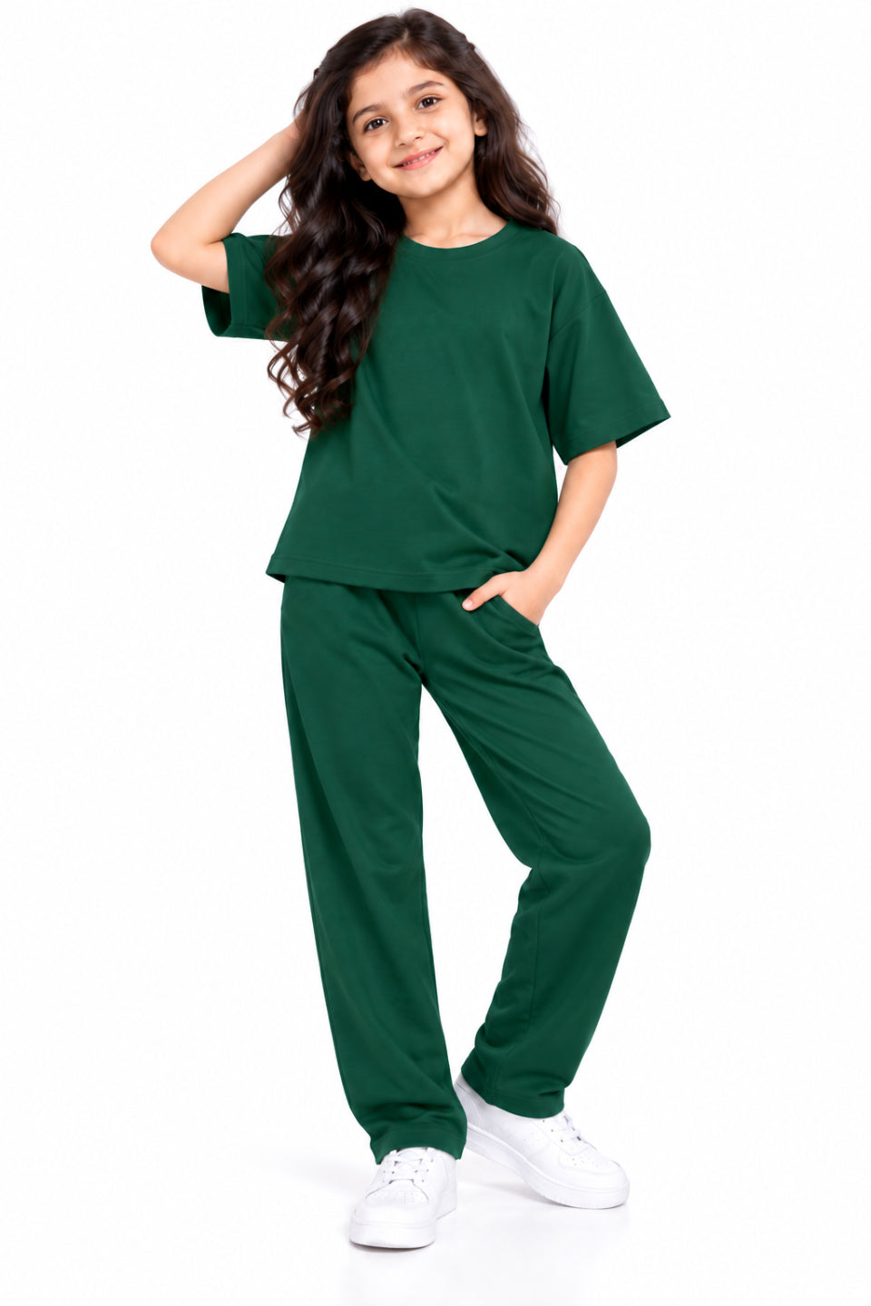 CHILINS Girls Green Co-Ord Set | Matching T-Shirt & Straight-Leg Pants