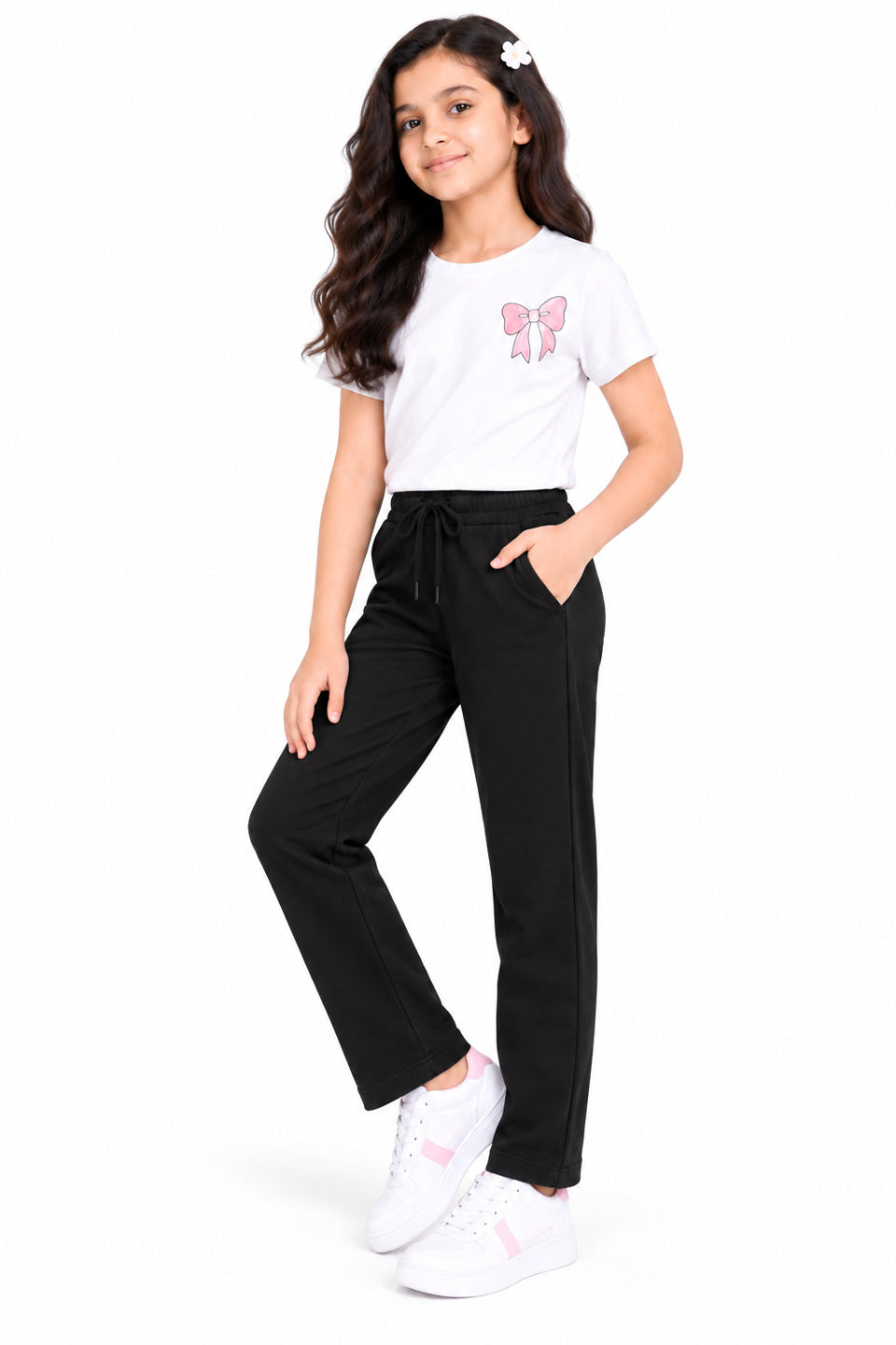 CHILINS Girls Black Cotton Track Pants | Straight-Leg Trousers with Drawstring Waist