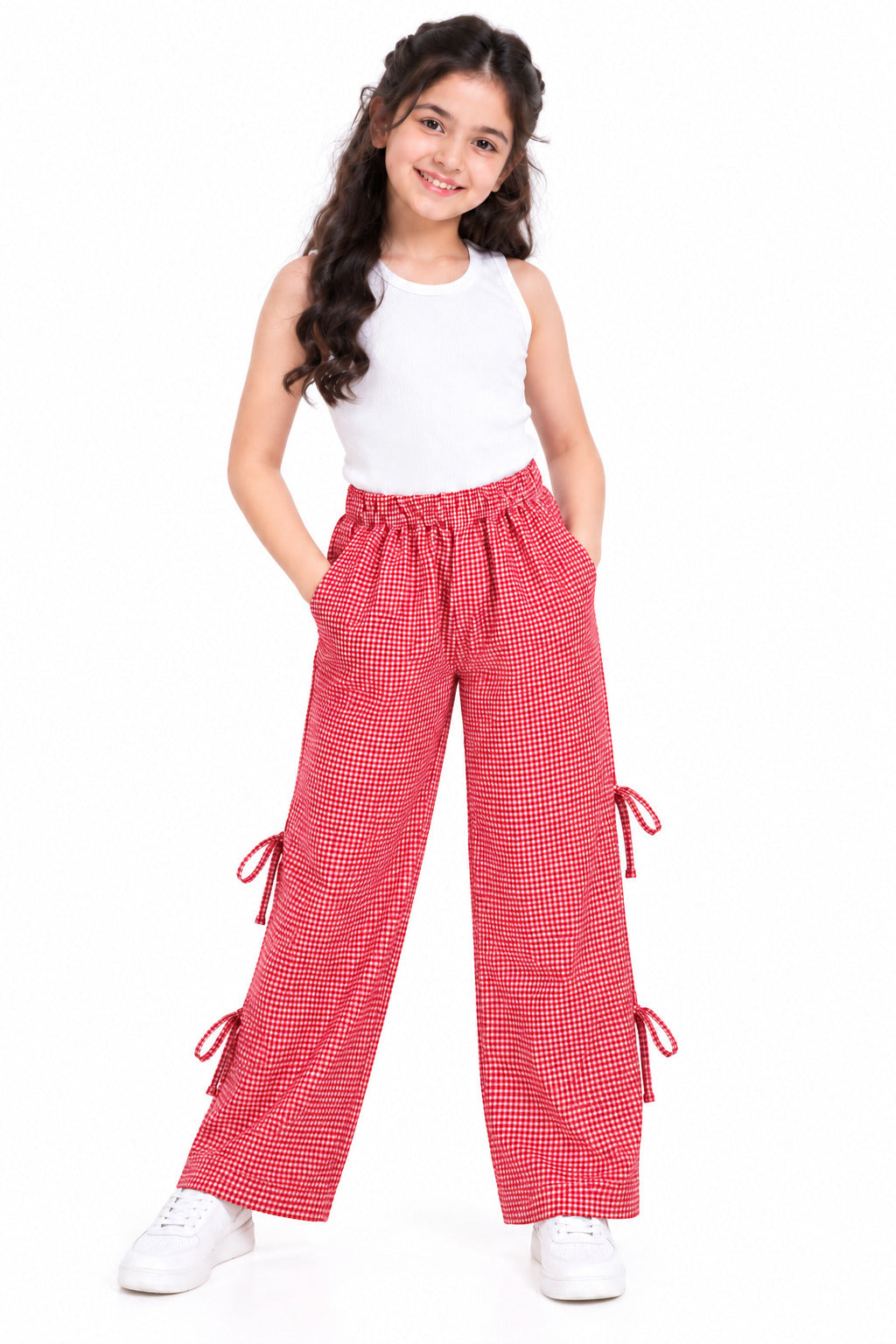CHILINS Girls Red & White Checkered Palazzo Pants | Wide Leg Pants with Elastic Waist, Drawstring & Side Tie-Up Details