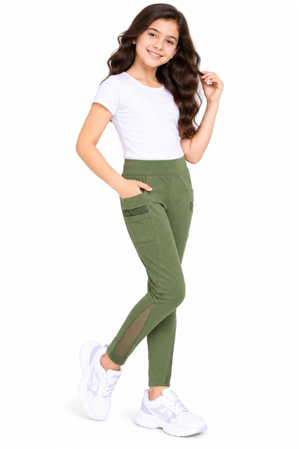 CHILINS Girls Olive Green Sports Leggings | Activewear Leggings | Mesh Side Panel | Comfortable Fit