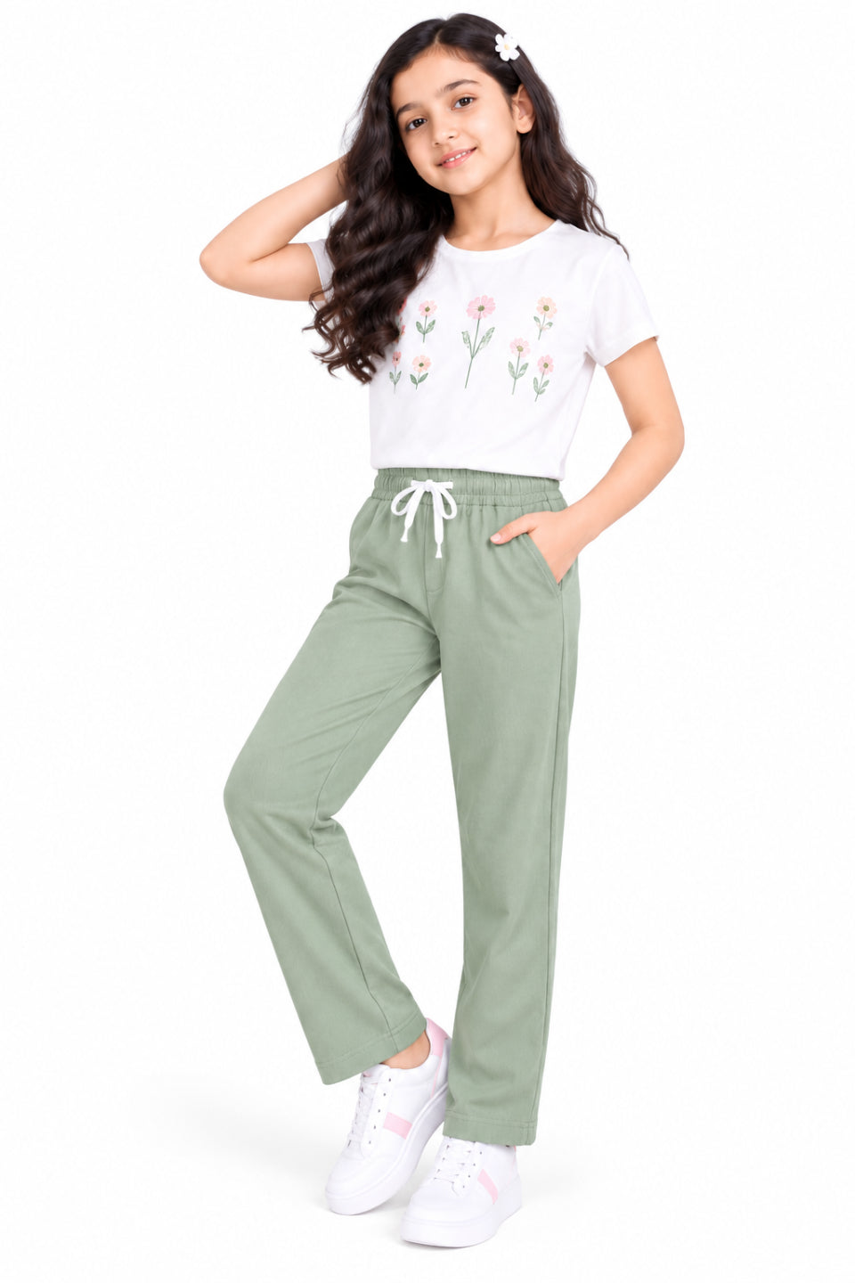 CHILINS Girls Green Cotton Track Pants | Wide-Leg Trousers with Drawstring Waist