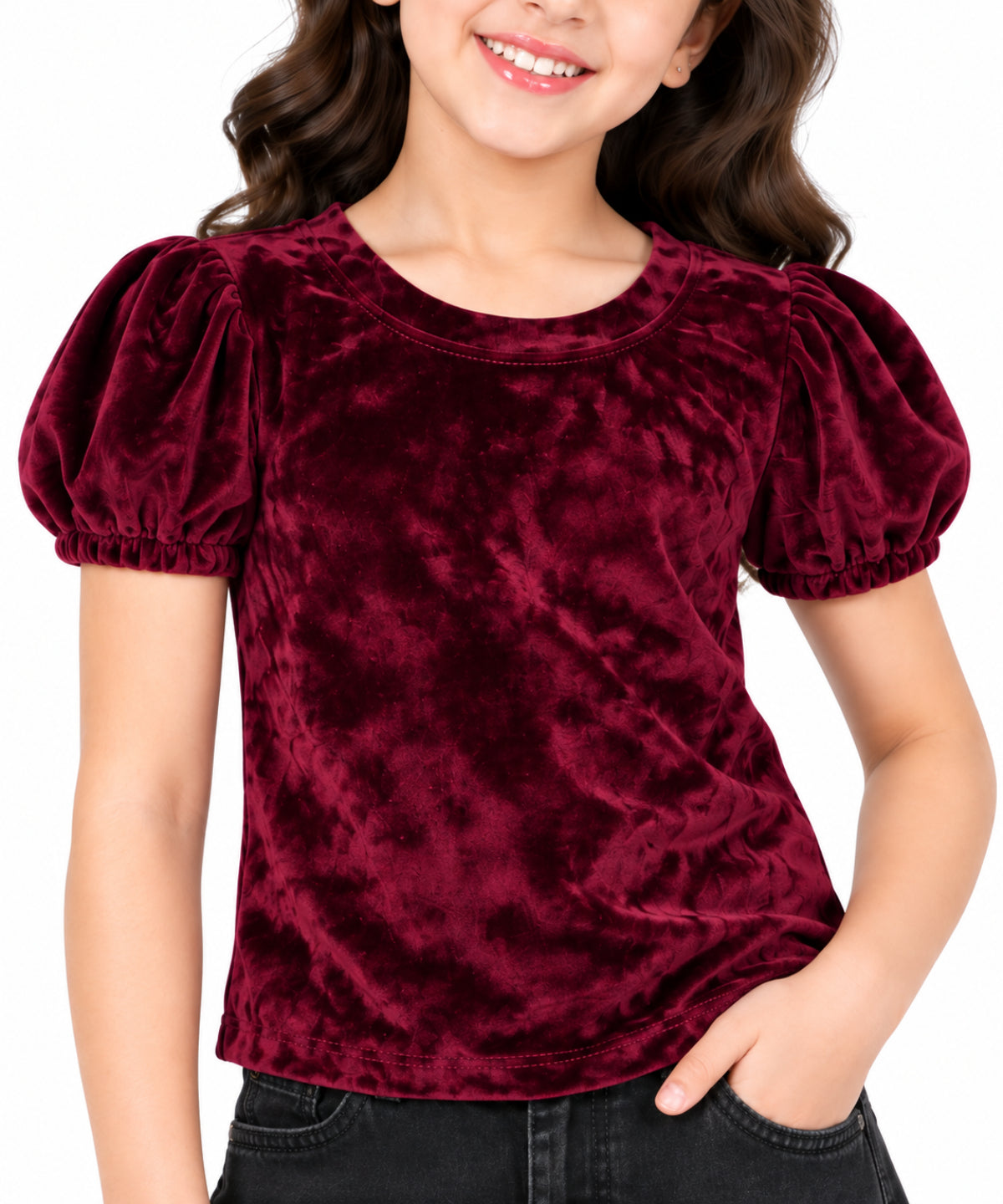 CHILINS Girls Burgundy Velvet Top | Puff Sleeve Round Neck Casual Top