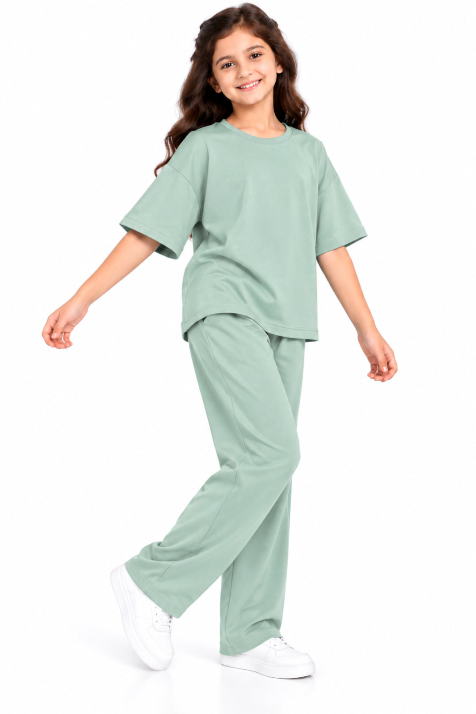 CHILINS Girls Mint Green Co-Ord Set | Oversized T-Shirt & Wide-Leg Pants