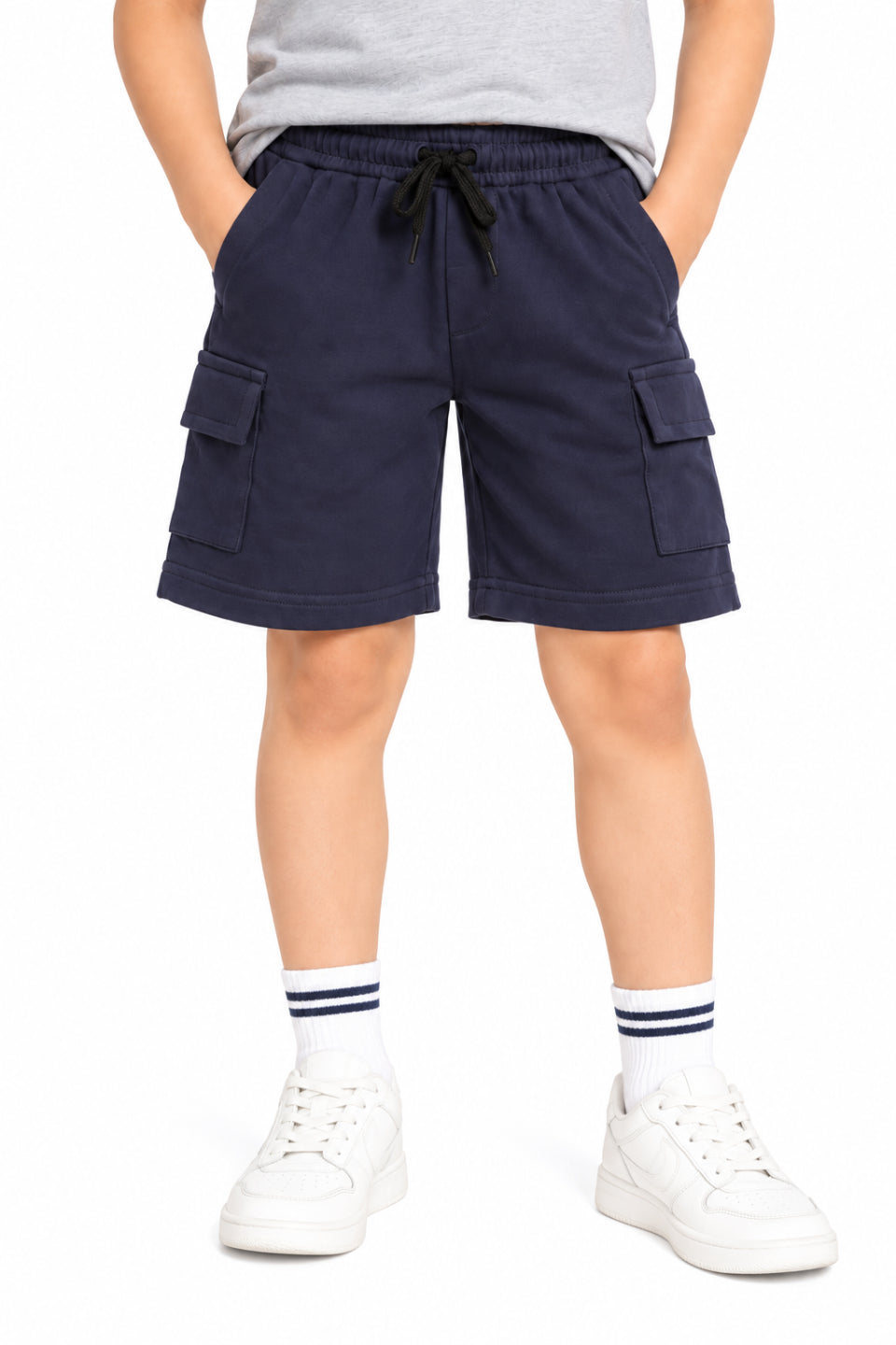 CHILINS Boys Navy Blue Cargo Shorts | Drawstring Waist | Utility Pockets | Knee Length | Regular Fit
