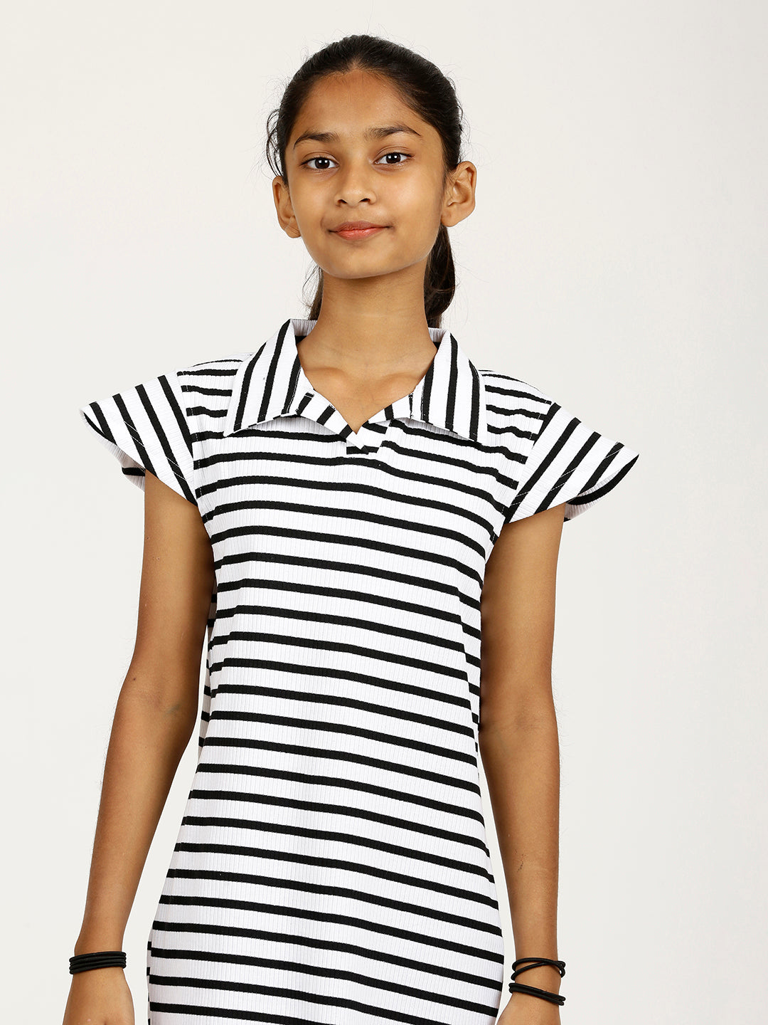 CHILINS Girls Pure Cotton Ribbed Casual Dress – White & Black Striped