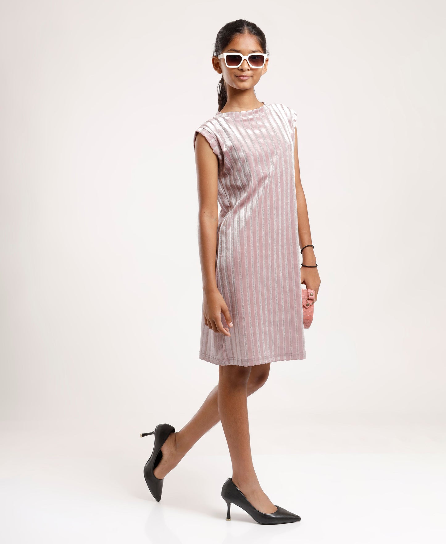 Girls Pink Shimmer Shift Dress | Sleeveless Stylish Party & Festive Wear