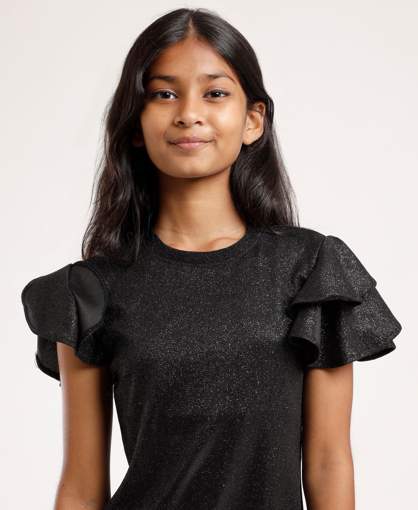 Girls’ Sparkle Black Party Dress with Layered Ruffle Sleeves – Elegant Shimmery A-Line Dress for Kids