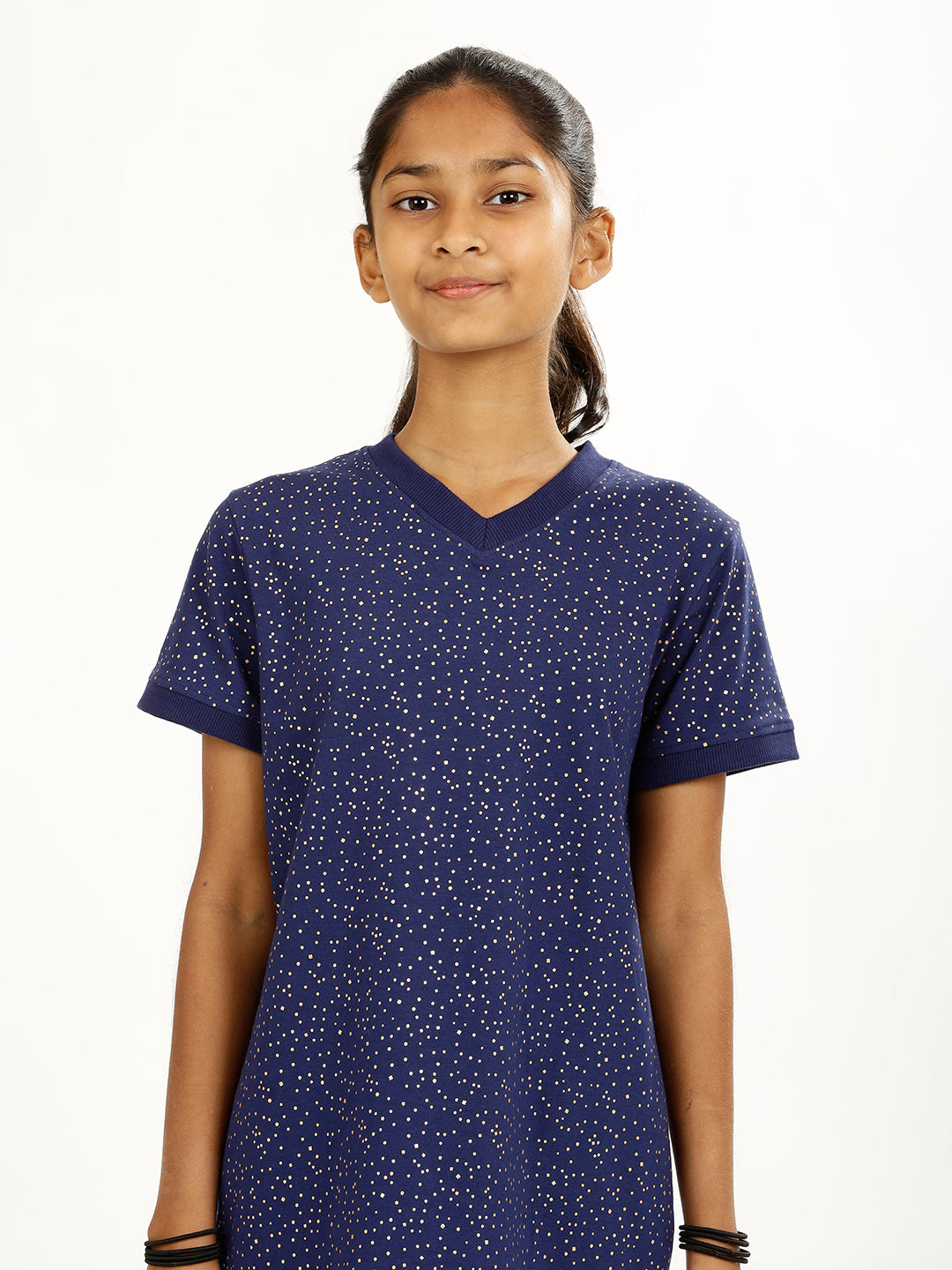 CHILINS Girls Pure Cotton Casual Dress – Blue with Golden Polka Dots