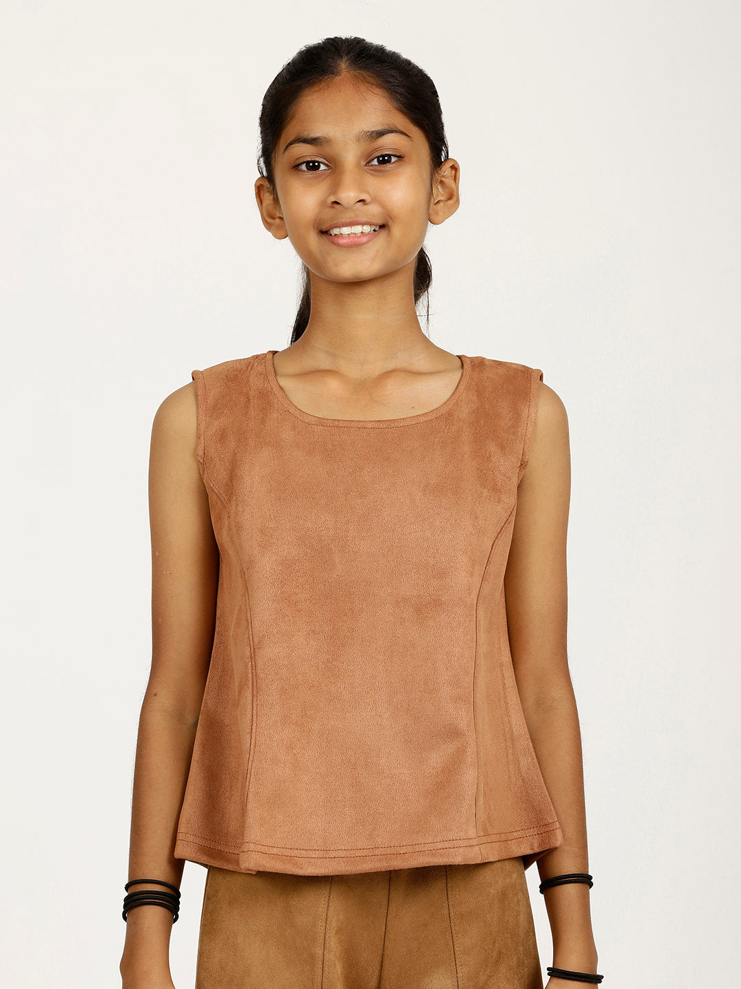 CHILINS Girls Brown Fancy Balloon Top Stylish Kidswear