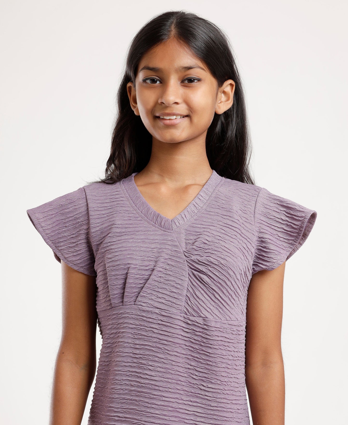Girls’ Lavender Textured Flutter Sleeve Dress – Soft Comfortable V-Neck Casual & Party Wear Dress for Kids